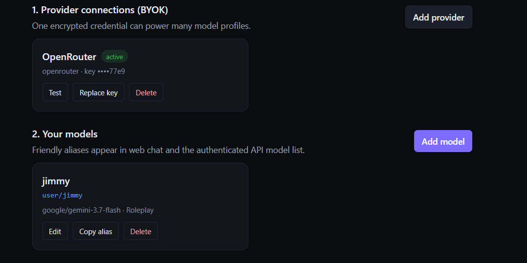 Provider connection and named BYOK model profile in the ModelRouters dashboard